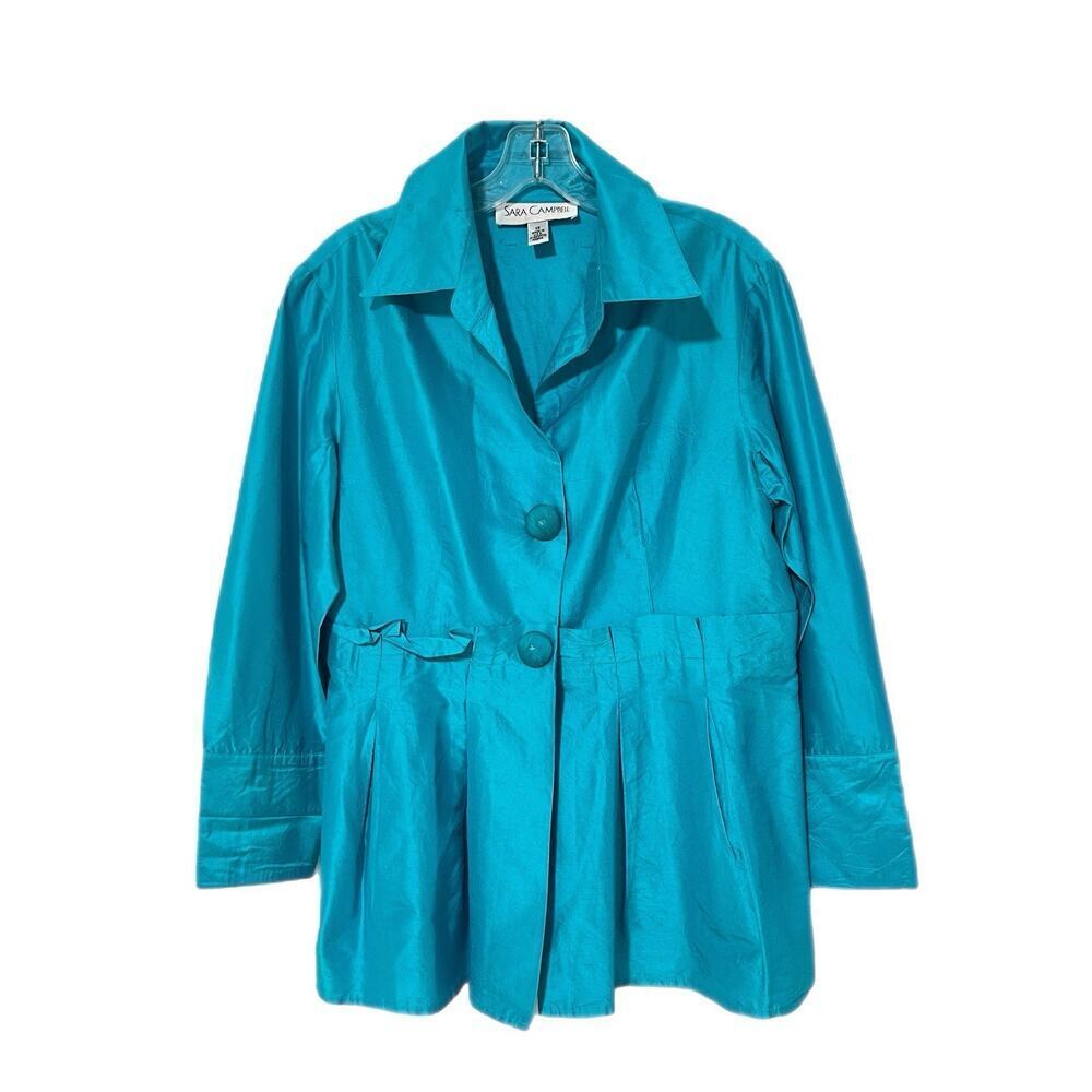 Sara Campbell 100% Silk Blazer Jacket Womens 12 Turquoise Blue Elegant Old Money